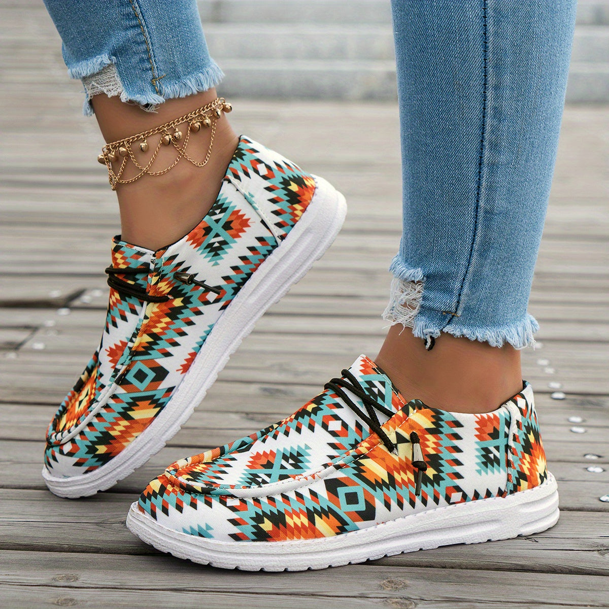 Women's Geometric Pattern Canvas Shoes, Casual Lace Up Outdoor Sneakers, Lightweight Low Top Shoes